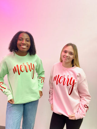 Foil Merry Bow Sweatshirt- clothing, Curvy, merry, MERRY CHRISTMAS, MERRY CHRISTMAS Y’ALL, oversized sweatshirt, Seasonal, sweatshirt, SWEATSHIRTS, Tops-Ace of Grace Women's Boutique