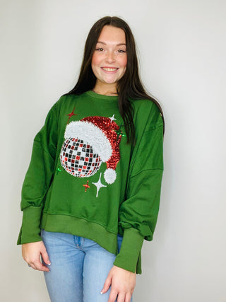 Green Disco Santa Hat Pullover - size small left (oversized)- accessories,CHRISTMAS,Christmas Longsleeve,CHRISTMAS SHIRT,christmas sweatshirt,clothing,outerwear,Seasonal,Tops-Ace of Grace Women's Boutique