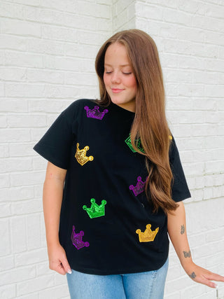 Sequin Crown Mardi Gras Top- BOWS,clothing,Crown,Crowns,MARDI GRAS,MARDI GRAS TEE,MARDI GRAS TOP,Seasonal,Tops-Ace of Grace Women's Boutique