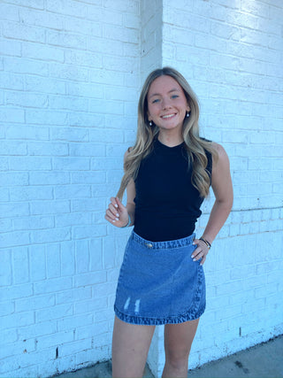 Denim Wrap Mini Skirt- BLUE DENIM, Bottoms, denim, denim color, denim skirt, denim skort, LIGHT DENIM, Mini skirt, wrap skort-Ace of Grace Women's Boutique