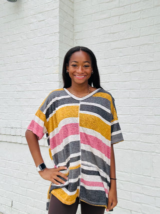 Multi Stripe V-Neck Top- Tops-Ace of Grace Women's Boutique