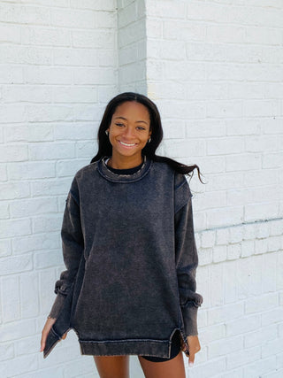 Acid Wash Raw Hem Sweatshirt - Black- Acid,black sweatshirt,clothing,comfy sweatshirt,Exposed,oversized sweatshirt,RAW HEM,sweatshirt,SWEATSHIRTS,Tops-Ace of Grace Women's Boutique