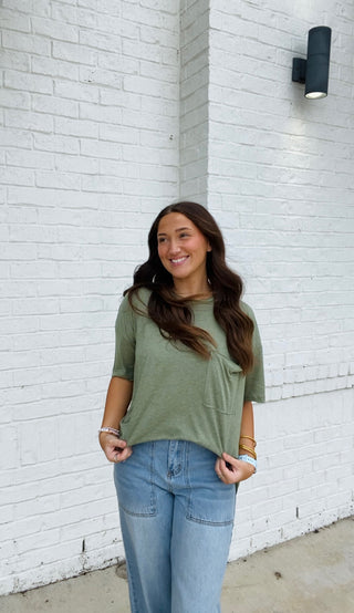 Olive Oversized Boyfriend Tee- Boyfriend, clothing, Curvy, FALL, fall clothes, fall transition, olive, olive top, oversized, OVERSIZED TEE, OVERSIZED TOP, PLUS, plus size, pocket shirt, pockets, Tops-Ace of Grace Women's Boutique