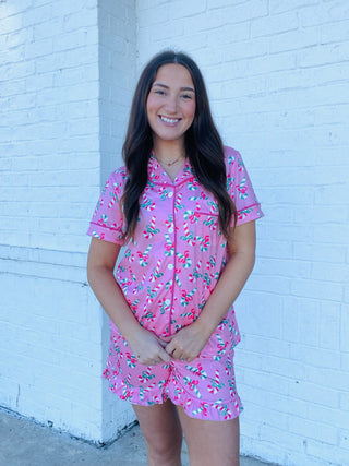 Candy Cane Pajama Set- Candy, candy cane queen, CHRISTMAS, CHRISTMAS CHEER, CHRISTMAS CHEERS, christmas pajamas, christmas pjs, christmas top, clothing, LIGHT PINK, LOUNGE SET, Loungewear, MERRY CHRISTMAS, pajama pants, pajama set, pajama shorts, pajama top, pajamas, pink, Sale, Seasonal, Sets-Ace of Grace Women's Boutique