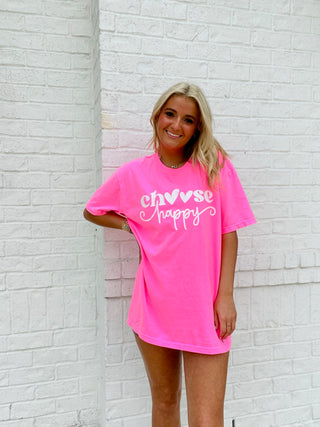 MADELYNN GRACE Choose Happy Tee- COLORFUL GRAPHIC TEE,Curvy,graphic,graphic T-shirt,GRAPHIC TEE,Graphic Tees,graphic tshirt,happy,HOT PINK GRAPHIC TEE,MadelynnGrace,plus size graphic tee,Tops-Ace of Grace Women's Boutique