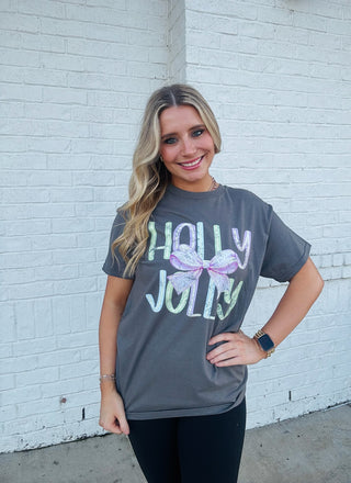 Holly Jolly Tee- christmas top,curv,Curvy,Graphic Tees,New arrival,PLUS,plus size,Seasonal,Tops-S-Grey-Ace of Grace Women's Boutique