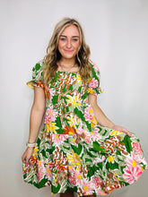 Green Floral Square Neck Dress