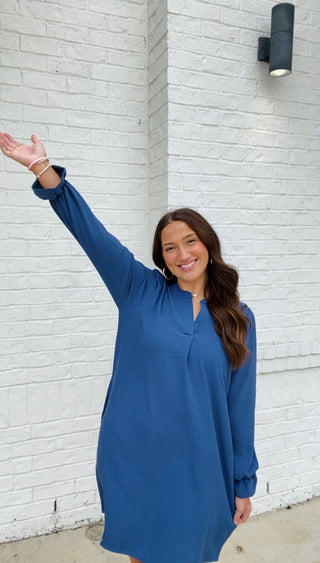 Long Sleeve Dress with Collared Neck- blue dress, church dress, clothing, COLLARED DRESS, Curvy, dress, dresses & rompers, Dressy, FALL, fall clothes, flowy dress, GREEN DRESS, GREEN PLUS SIZE DRESS, NAVY, Navy blue, olive, plus size dress, WOMENS DRESS, WOVEN-Ace of Grace Women's Boutique