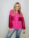 Pink Sparkle Button Up Shacket- LONG SLEEVE, long sleeve top, mama top, PINK BUTTON UP TOP, PINK SHACKET, shacket-Ace of Grace Women's Boutique