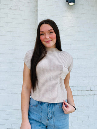 Short Sleeve Sweater Top | 2 colors- crop sweater, cropped sweater, FALL, fall clothes, fall transition, pocket shirt, pockets, SWEATER, sweater top, sweaters, Tops, Transition-Beige-L-Ace of Grace Women's Boutique