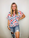 Red, White, & Blue Cheetah V Neck Top- casual, CHEETAH, CHEETAH PRINT, CHEETAH TOP, game, game day, Game day shirt, game days, gameday, work, WORK SHIRT, WORK TOP-Ace of Grace Women's Boutique