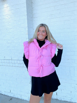 Pink Ruffle Puffer Vest- BOW, Bow detail, BOWS, clothing, HOT PINK, hot pink puffer, hot pink puffer jacket, LIGHT PINK, outerwear, pink, puffer vest, RUFFLE, ruffle set, ruffle sleeves, RUFFLE TOP, ruffled, RUFFLES, SWEATER VEST, Tops, VEST-Ace of Grace Women's Boutique