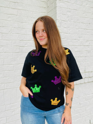 Sequin Crown Mardi Gras Top- BOWS,clothing,Crown,Crowns,MARDI GRAS,MARDI GRAS TEE,MARDI GRAS TOP,Seasonal,Tops-Ace of Grace Women's Boutique