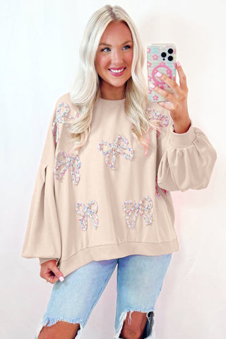 Embroidered Bow Sleeve Oversized Pullover-Tops/Sweatshirts & Hoodies- Color Khaki,Craft Applique,Craft Embroidery,Curvy,Day Valentine's Day,Detail Bow,Full Size S-3XL,Occasion Daily,Print Bow,Season Fall & Autumn,Style Southern Belle,Tiktok Showroom,Tops-Ace of Grace Women's Boutique