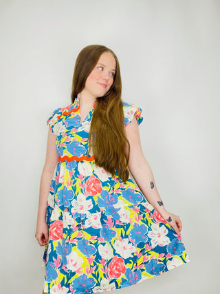 Blue Floral Dress with Ric Rac Trim- church dress,clothing,Curvy,dresses & rompers,Easter,Easter dress,floral,floral dress,floral pattern,floral print,florals,PLUS,Ric rac,SPRING,Spring dress-Ace of Grace Women's Boutique