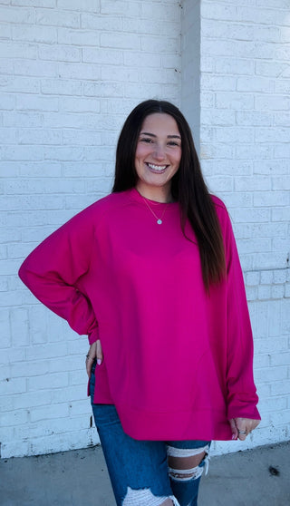 Extreme Soft Side Slit Pullover- clothing,COMFY,comfy sweatshirt,Curvy,fall clothes,Lulu,oversized sweatshirt,PLUS,plus size,PLUS SIZE HOODIE,plus size sweatshirt,PLUS SIZE TOP,plus sizes,plus sweatshirt,pullover,Softstream,Softstreme,sweatshirt,SWEATSHIRTS,Tops-Hot Pink-S-Ace of Grace Women's Boutique