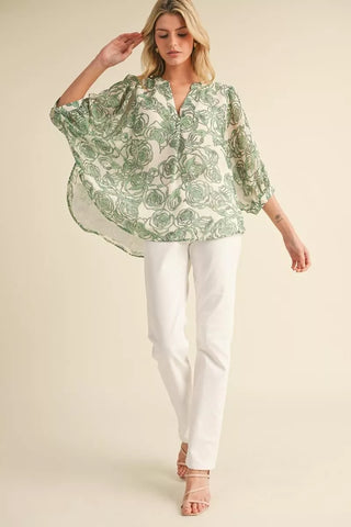 Sage & Ivory Hi-Lo Floral Chiffon Top- floral,floral pattern,floral print,FLORAL TOP,florals,Tops-Ace of Grace Women's Boutique
