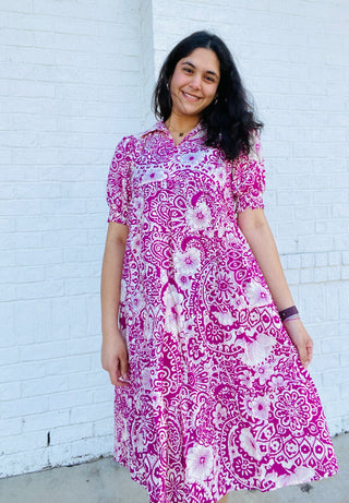 Magenta Whimsy Floral Dress- Curvy,dresses & rompers,Easter,Easter dress,floral,floral dress,floral print,florals,Midi Dress,paisley,PLUS,plus dress,plus size-Ace of Grace Women's Boutique