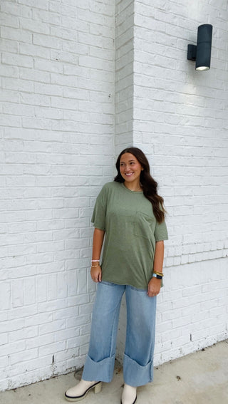 Olive Oversized Boyfriend Tee- Boyfriend, clothing, Curvy, FALL, fall clothes, fall transition, olive, olive top, oversized, OVERSIZED TEE, OVERSIZED TOP, PLUS, plus size, pocket shirt, pockets, Tops-Ace of Grace Women's Boutique