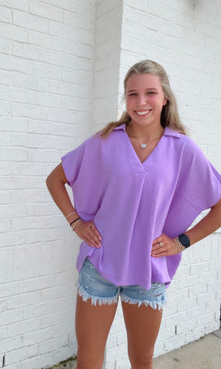 Collared V-Neck Top- COLORFUL,COLORFUL TOP,Curvy,Perfect for work,PLUS,plus size,PLUS SIZE TOP,plus sizes,summer,summer shirt,SUMMER TOP,summer work top,Tops,work,WORK SHIRT,WORK TOP,WOVEN,WOVEN TOP-Ace of Grace Women's Boutique