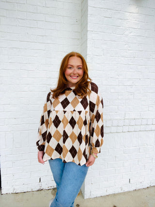 Long Sleeve Argyle Top- Argyle,brown top,clothing,Curvy,FALL,fall clothes,fall transition,LONG SLEEVE,long sleeve top,long sleeves,mama top,mocha top,mom top,Multi top,PLUS SIZE TOP,Sale,Tops-Ace of Grace Women's Boutique