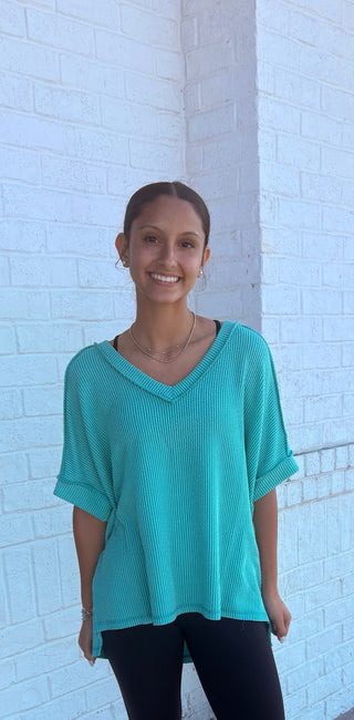 Corded Ribbed V-neck Top- Corded,Curvy,Fabric Corded,Tops-Ace of Grace Women's Boutique
