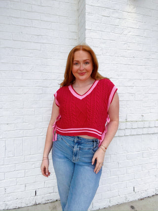 Red & Pink Bow Sweater Vest- BOW,Bow detail,BOWS,clothing,heart sweater,pink sweater,RED SWEATER,ribbon,Ribbons,Seasonal,SWEATER,sweater top,SWEATER VEST,sweaters,Tops,VALENTINE,Valentine Collection,valentine pullover,VALENTINES,valentines sweatshirt,VALENTINES TOP-Ace of Grace Women's Boutique