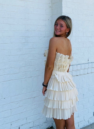 Cream Layered Pleated Ruffle Mini Dress- Bachelorette, BRIDE DRESS, church dress, cream dress, dress, dresses & rompers, Dressy, flowy dress, game day dress, GRADUATION, GRADUATION DRESS, layered dress, mini dress, Pref dress, recruitment, ruched dress, RUFFLED DRESS, RUSH, Sale, tiered dress, wedding, WHITE GRADUATION DRESS-Ace of Grace Women's Boutique