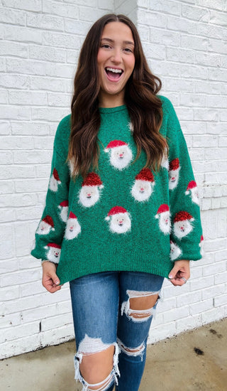 Santa Face Sweater- CHRISTMAS, CHRISTMAS CHEER, CHRISTMAS GRAPHIC TEE, CHRISTMAS SHIRT, christmas sweatshirt, christmas top, Christmas tshirt, clothing, Curvy, fall clothes, fuzzy sweater, green sweater, holiday, HOLIDAYS, knit sweater, MERRY CHRISTMAS, pink sweater, plus size sweater, Santa, SANTA BABY, Santa shirt, SANTA’S FAVORITE, Seasonal, sparkle season, SWEATER, sweater top, sweaters, Tops-Ace of Grace Women's Boutique