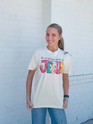 Let Me Tell You About My Jesus Tee- Christian,christian shirt,Curvy,graphic,PLUS,plus size,Tops-Ace of Grace Women's Boutique