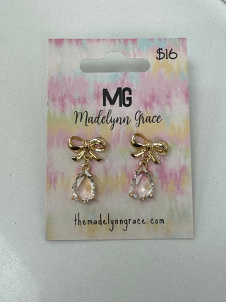 MG Bow Rhinestone Earring- BOW, BOW EARRINGS, Jewelry, MadelynnGrace, pink, WHITE-Clear-Ace of Grace Women's Boutique