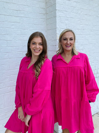 Hot Pink V-Neck Tiered Dress- clothing,dresses & rompers,Guaze,HOT PINK-Ace of Grace Women's Boutique