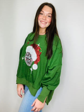 Green Disco Santa Hat Pullover - size small left (oversized)- accessories,CHRISTMAS,Christmas Longsleeve,CHRISTMAS SHIRT,christmas sweatshirt,clothing,outerwear,Seasonal,Tops-Ace of Grace Women's Boutique