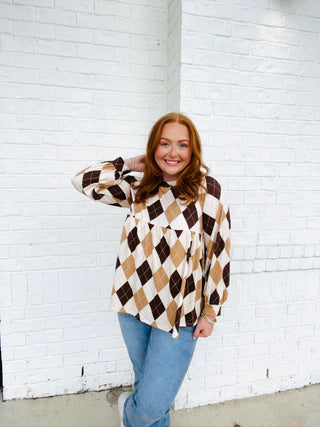 Long Sleeve Argyle Top- Argyle,brown top,clothing,Curvy,FALL,fall clothes,fall transition,LONG SLEEVE,long sleeve top,long sleeves,mama top,mocha top,mom top,Multi top,PLUS SIZE TOP,Sale,Tops-Ace of Grace Women's Boutique