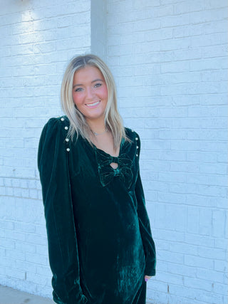 Green Velvet Pearl Dress- black velvet,CHRISTMAS,christmas dress,church dress,clothing,dress,dresses & rompers,Dressy,flowy dress,GREEN DRESS,holiday,HOLIDAYS,MERRY CHRISTMAS,Party dress,Sale,Seasonal,velvet,VELVET DRESS-Ace of Grace Women's Boutique