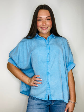 Washed Oversized Button Down Shirt- button down, button up, button up top, denim color, oversized, OVERSIZED TOP, Tops-Ace of Grace Women's Boutique