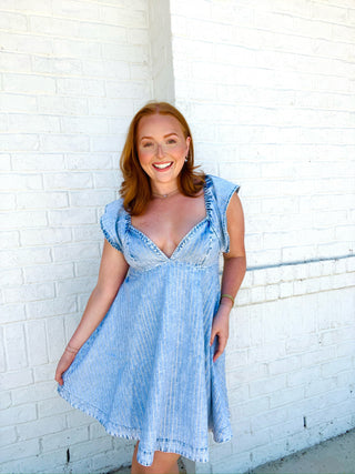 Ruffle Embellished Denim Dress- concert, country concert, DATE NIGHT, denim, denim color, DENIM DRESS, dresses & rompers, game, game day, game day dress, game days, gameday, LIGHT DENIM-Ace of Grace Women's Boutique