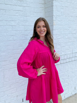 Hot Pink V-Neck Tiered Dress- clothing,dresses & rompers,Guaze,HOT PINK-Ace of Grace Women's Boutique