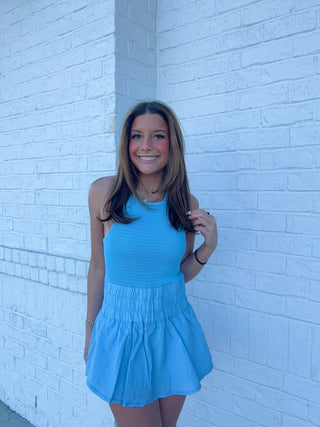 Blue Washed Smocked Romper- active, active romper, athletic romper, baby blue, blue, clothing, dresses & rompers, MadelynnGrace, ROMPER, Tops-Ace of Grace Women's Boutique