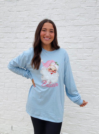 Santa Believe Long Sleeve T-Shirt- Believe,CHRISTMAS,CHRISTMAS GRAPHIC TEE,Christmas Longsleeve,CHRISTMAS SHIRT,christmas sweatshirt,Christmas tee,CHRISTMAS TREE,clothing,Curvy,Sale,Santa,Santa shirt,Seasonal,Tops-Ace of Grace Women's Boutique