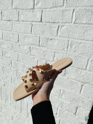 Nude Cross Over Gold Studded Sandal- jelly sandals, nude sandals, SANDALS, Shoes, SLIP ON SANDALS, tan sandals-Ace of Grace Women's Boutique