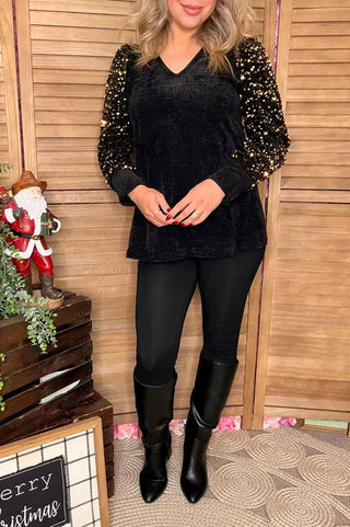 Sequin Sleeve Black Top- clothing,Curvy,Seasonal,SEQUIN,sequin top,SEQUINS,Tops-Ace of Grace Women's Boutique