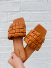 Tan Leather Woven Slide Sandal- leather sandals, SANDALS, SLIP ON SANDALS, tan sandals-Ace of Grace Women's Boutique