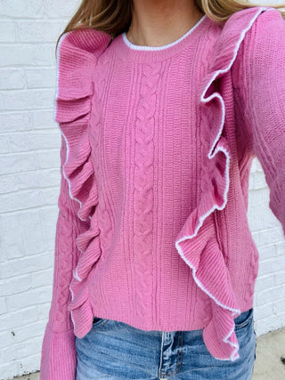 Cable Knit Ruffle Sweater- bow sweater,clothing,cream sweater,fuzzy sweater,knit sweater,LIGHT PINK,pink,pink sweater,pink top,RUFFLE SWEATER,RUFFLE TOP,ruffled,RUFFLED SWEATER,RUFFLES,Sale,Seasonal,SWEATER,sweater top,sweaters,Tops,white sweater-Ace of Grace Women's Boutique