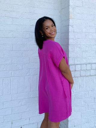 Hot Pink Gauze Dress- church dress,clothing,Curvy,dresses & rompers,Easter,Easter dress,HOT PINK,pink-Ace of Grace Women's Boutique