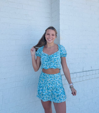 Blue Floral Print Ruffle Set- 2 piece set,Blue set,Bottoms,clothing,dresses & rompers,floral,Sale,SET,Sets,TOP,Tops,TWO PIECE SET-Ace of Grace Women's Boutique