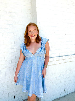 Ruffle Embellished Denim Dress- concert, country concert, DATE NIGHT, denim, denim color, DENIM DRESS, dresses & rompers, game, game day, game day dress, game days, gameday, LIGHT DENIM-Ace of Grace Women's Boutique