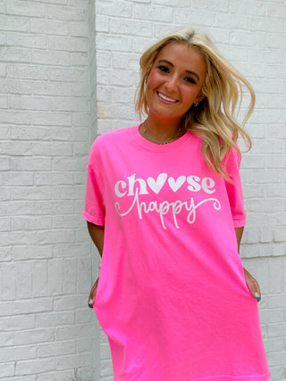 MADELYNN GRACE Choose Happy Tee- COLORFUL GRAPHIC TEE, Curvy, graphic, graphic T-shirt, GRAPHIC TEE, Graphic Tees, graphic tshirt, happy, HOT PINK GRAPHIC TEE, MadelynnGrace, plus size graphic tee, Tops-Ace of Grace Women's Boutique