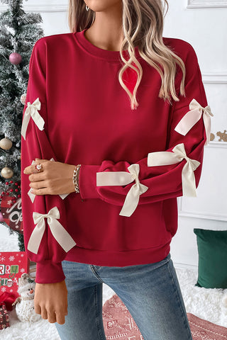 Red Bow Sleeve Crewneck Sweatshirt-Tops/Sweatshirts & Hoodies- Color Red,Day Valentine's Day,Detail Bow,Hot picks,Occasion Daily,Season Fall & Autumn,Style Elegant-Ace of Grace Women's Boutique