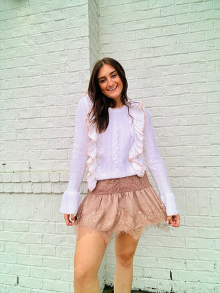 Satin Lace Mini Skirt- Bottoms, BROWN, clothing, fall skirt, game day skort, layered skirt, metallic skort, Mini skirt, mocha, ruffle skort, ruffled bottoms, ruffled skirt, satin skirt, satin skort, sequin skort, skirt, skort-Ace of Grace Women's Boutique